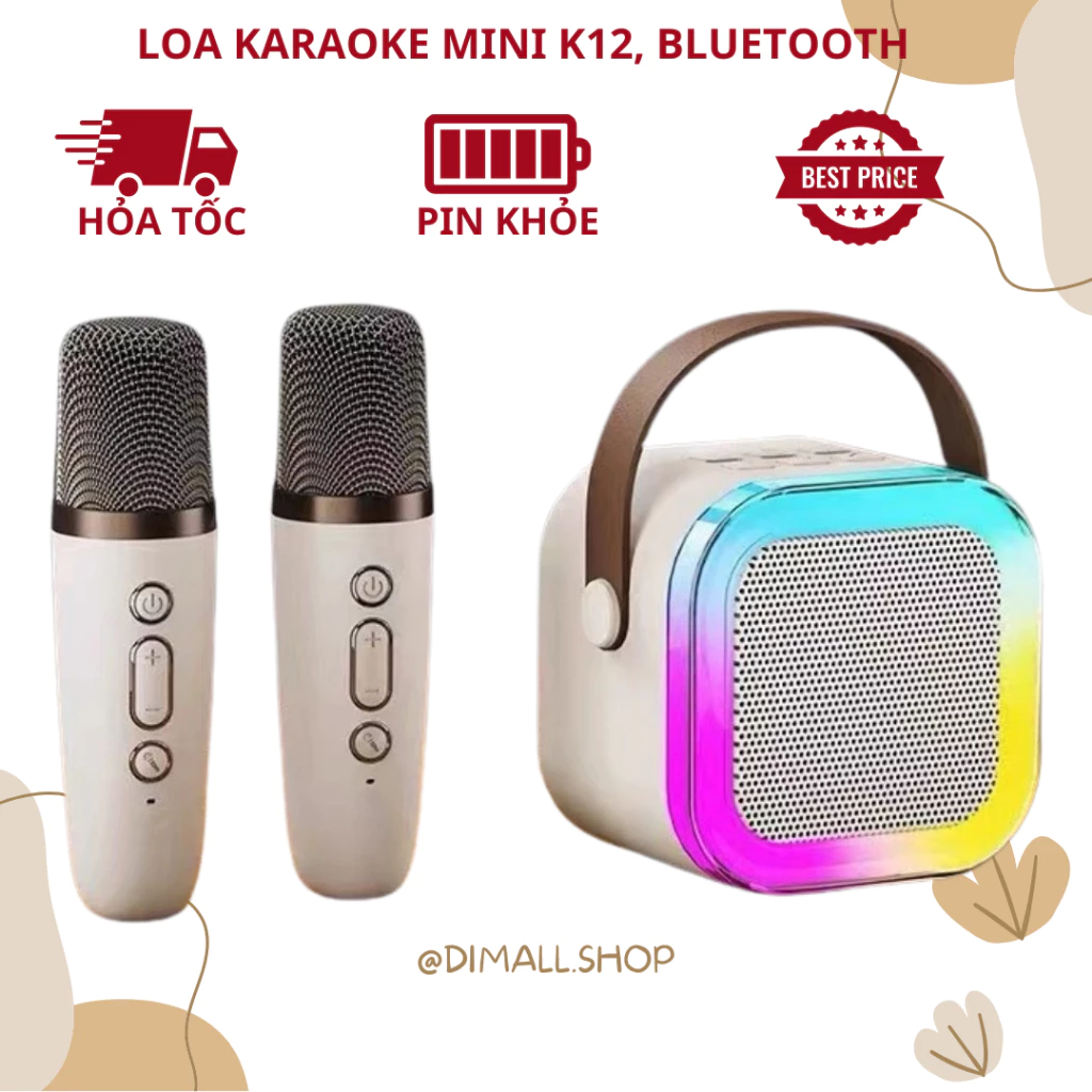 Loa bluetooth karaoke Kinyo K12 tặng kèm 2 mic và sticker,loa karaoke mini không dây âm thanh bass kết nối blutut