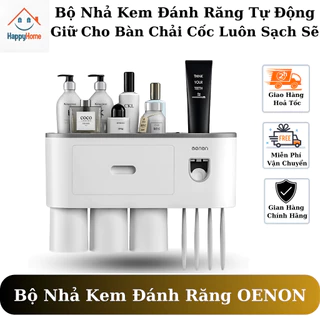 Bộ nhả kem đánh răng tự động gắn tường cao cấp, kệ để đồ phòng tắm tích hợp chức năng lấy kem tự động cốc hút từ tính