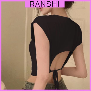 Áo Croptop Tay Ngắn RANSHI Thiết Kế Hở Lưng Kèm Dây Buộc Form Basic Đễ Phối Đồ Chất Thun Hàn Đanh Mát - RA124