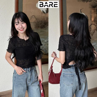 BARETOPTOP_Áo Kiểu Nữ Lưới Hoa Nhí Xuyên Thấu, Áo Croptop Nữ Tay Ngắn Thiết Kế Khoét Lưng Phối Dây Rút_A287