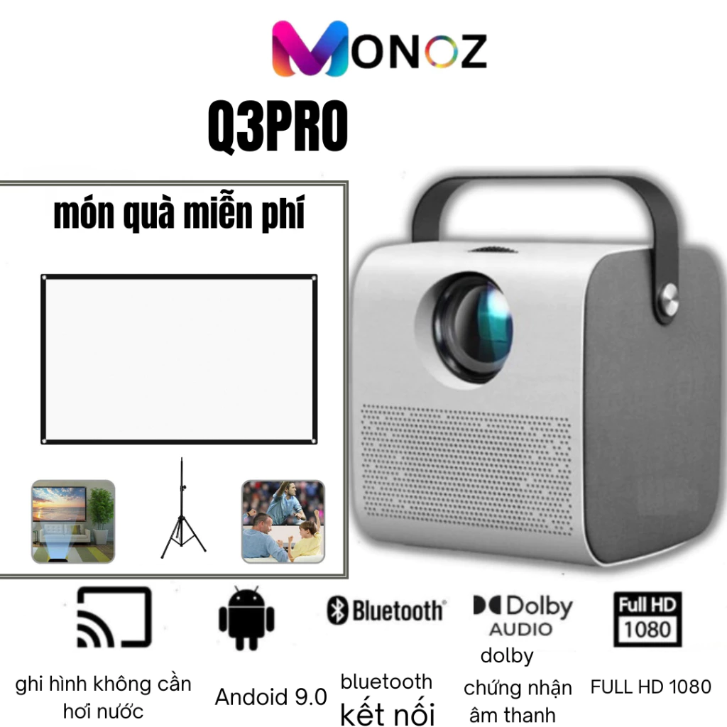 Máy chiếu MONOZ Q3 Pro Android Projector WIFI LED LCD 4K HD 1080p 8000 Lumens BẢO HÀNH 5 NĂM