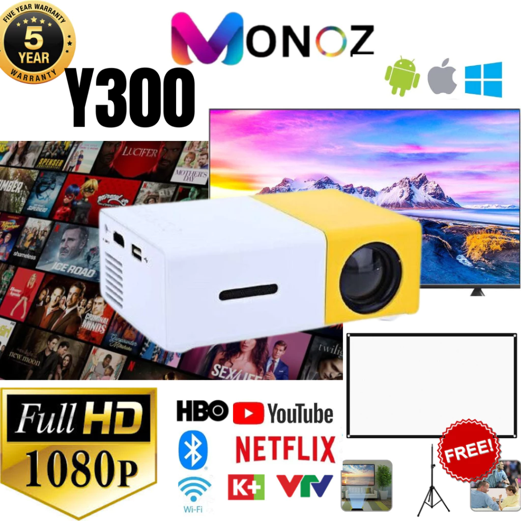 Máy chiếu Monoz Y300 Projector Máy chiếu mini cầm tay HD 1080P LED Điện thoại máy tính xách tay Android HDMI USB Nhỏ