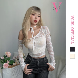 Áo ren nữ ôm body tay dài mỏng xuyên thấu hoạ tiết hoa TẶNG áo croptop ống