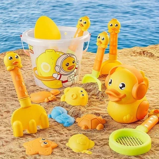 Bộ 14 món đồ chơi xúc cát bãi biển trẻ em, đựng nước chơi ở bể bơi hình Vịt Vàng
