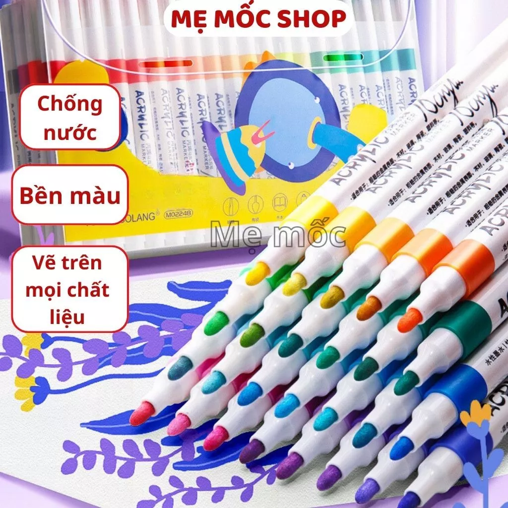 Bút Màu Acrylic Marker Vẽ Trên Mọi Chất Liệu Có Thể Vẽ Chồng Màu 12/24 Cao Cấp Bằng Bút Lông Màu