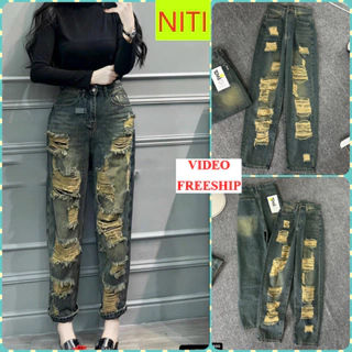 BGTD3400] QUẦN BAGGY JEANS NỮ LƯNG CAO RÁCH TẢ TƠI MÀU XANH RÊU ÁNH VÀNG LAI CUỐN TÔN DÁNG CÁ TÍNH XỊN SÒ