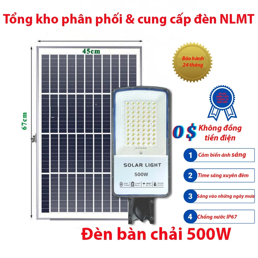 Đèn năng lượng mặt trời bàn chải cao cấp 500W vỏ nhôm