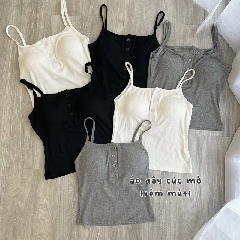 (ẢNH OLDSCHOOL) (KÈM MÚT) Áo 2 dây cài cúc trước kèm mút trong ôm dáng