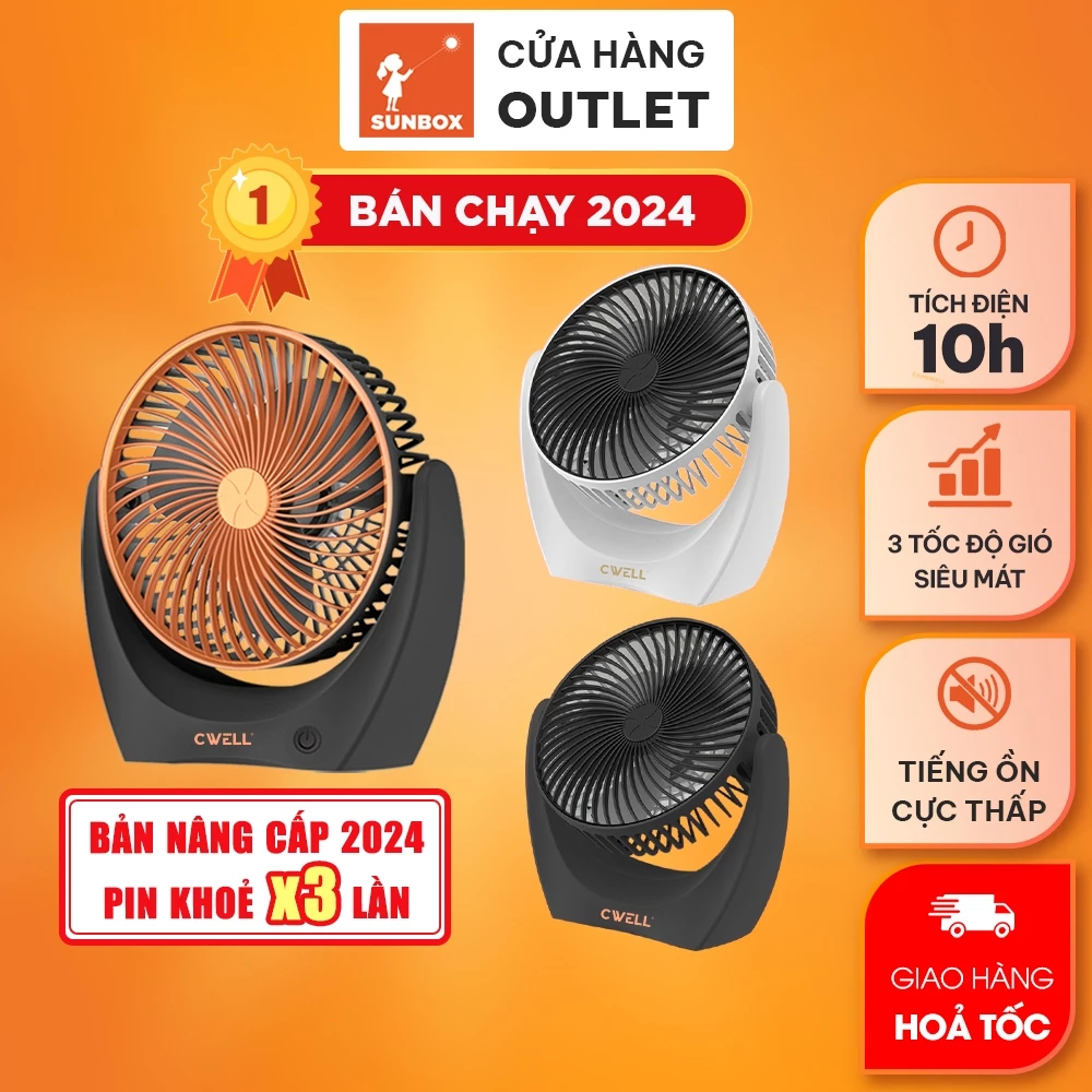 Quạt tích điện mini CWELL pin 10H, 2-3 tốc độ gió mát, xoay linh hoạt 210 độ không tiếng ồn C201F