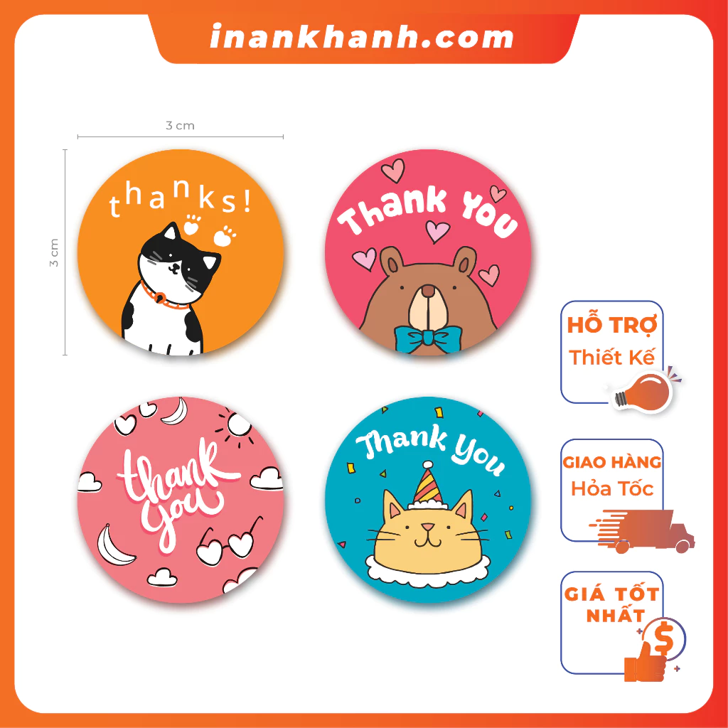 Decal, tem nhãn dán thank you, tem cảm ơn, sticker thank you, sticker cảm ơn, tem tròn kích thước 3cm