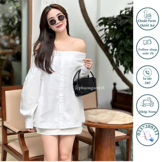 Áo sơ mi trễ vai tay phồng oversize phuonganh18 (ảnh thật)