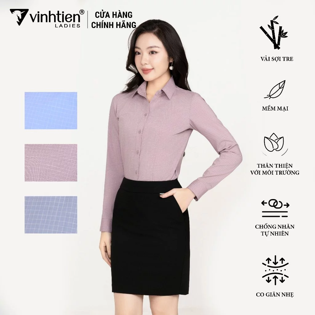 Áo Sơ Mi Nữ Dài Tay Vải Kẻ Bamboo Slimfit 389 Vĩnh Tiến - Nhiều Màu