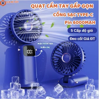 Quạt Cầm Tay Mini Gấp Gọn 5 Cấp Độ Gió Pin Sạc Dung Lượng Lớn 6000mAh Có Màn Hình Hiển Thị Pin tiện lợi sạc TYPE-C