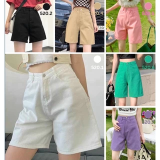 Quần Short Jean Ngố Kaki Nữ Lưng Cao, Ống Rộng Phong Cách Basic