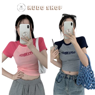 Áo babytee phối màu tay ngắn chữ SECE cotton co dãn ôm body, Áo thun cộc tay mùa hè 2024 Kudoshop