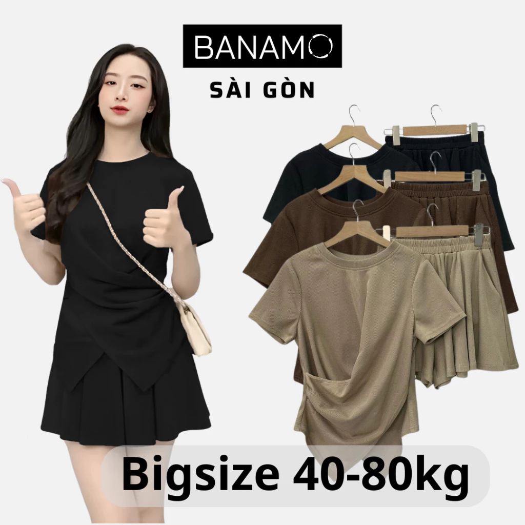 Set nữ BIGSIZE Banamo Sài Gòn bộ áo vạt chéo cộc tay kèm quần sooc xoè tăm hàn 1917