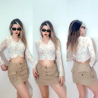 Áo voan lưới hoa lá, dài tay croptop ôm, xoăn lai, nhúng thun ngực