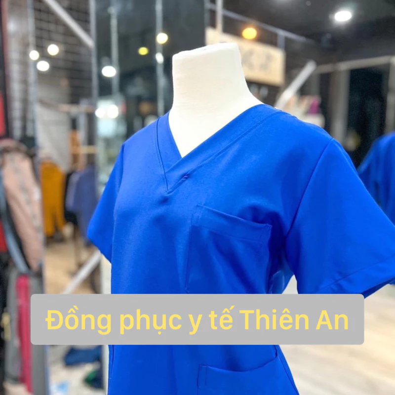 Bộ Scrubs - Màu xanh Đoàn vải Cotton Hàn. bác sĩ, blouse cổ tim, đồng phục điều dưỡng, spa, thẩm mỹ viện, dược sĩ.