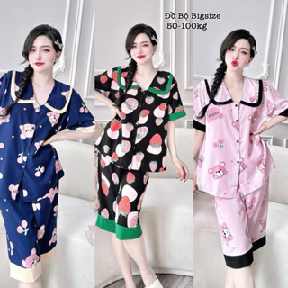 Đồ Ngủ Bigsize HCM - Đồ Bộ Nữ Mặc Nhà Pijama Bigsiz Lửng Cổ 2 Lá Lụa Cao Cấp Xinh Xắn Giá Rẻ 50-100kg EnNhoCoBigsize