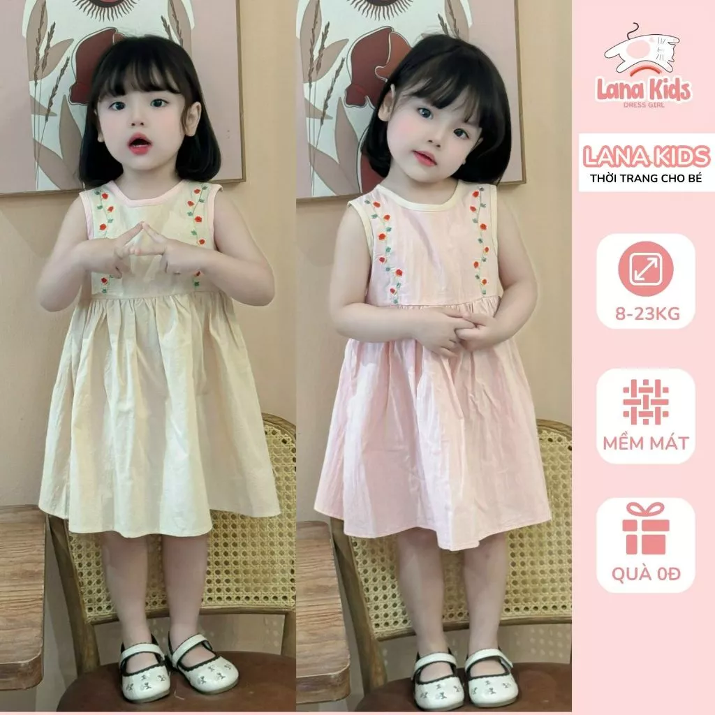 Đầm Váy Sát Nách Bé Gái Chất Thô Mềm Mát Thêu Hoa Cao Cấp Lana Kids