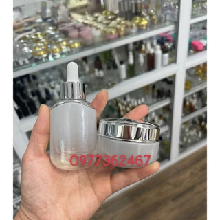 BỘ CHAI THỦY TINH DẸP TRẮNG 30ML VÀ HŨ THỦY TINH DẸP TRẮNG  30G,glass jar glass bottle for cosmetic and serum