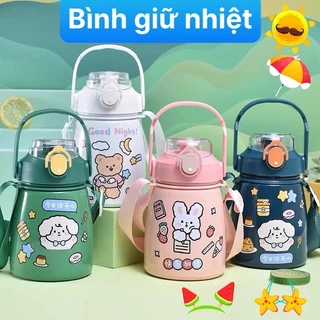 Bình nước giữ nhiệt 900ml cute có ống hút dễ thương sticker 2D 3D quai đeo