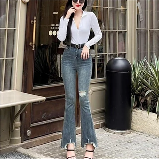 40-75kg Quần jeans nữ ống loe dài lưng cao rách gối tua lai