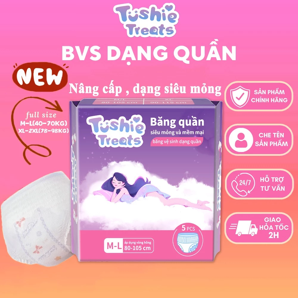 (CHE TÊN SP)Băng vệ sinh dạng quần Tushie Treats,size M-L,XL-2XL,Dùng 1 lần, mềm mại,thấm hút, thoải mái và tiện lợi