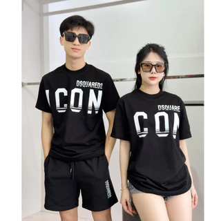 Bộ Hè Nam Nữ DSQ BHQD10 Chất Liệu Áo Cotton, Quần Nỉ Da Cá Màu Đen Cổ Tròn Hàng Dệt Kim, Thời Trang Mùa Hè