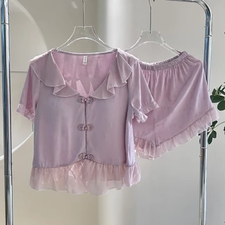 Mã m9 - pijama bánh bèo mẫu mới lụa gấm cho nữ - Bộ mặc nhà cộc đùi hàng quảng châu coa cấp