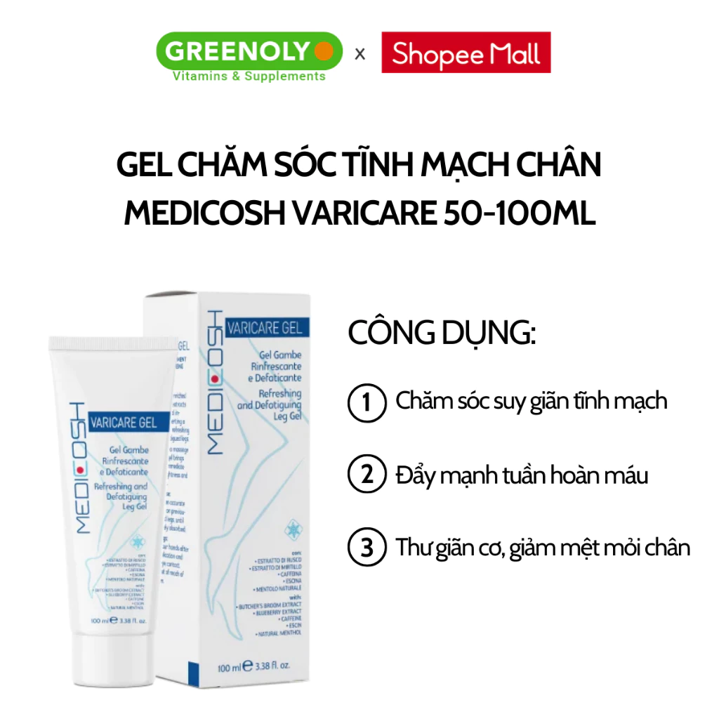 Kem Bôi Giãn Tĩnh Mạch Medicosh Varicare chăm sóc suy giãn tĩnh mạch, giúp đàn hồi tĩnh mạch Gel 50ml/100ml