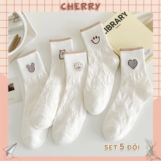 Tất cổ cao nữ họa tiết thêu dễ thương chất liệu vải cotton - Cherry Shop