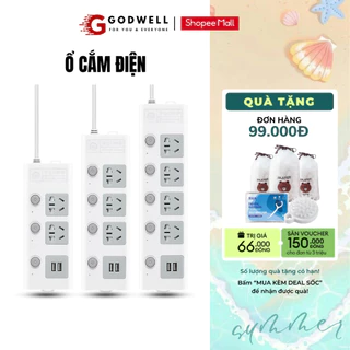 Ổ cắm điện đa năng GODWELL kèm cổng USB chống giật chịu tải 2500W dây dài 4m