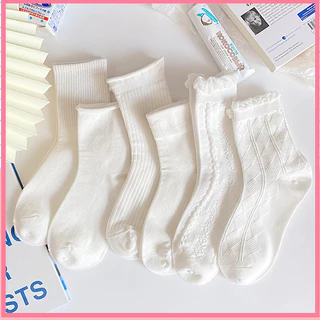 Tất Cổ Cao Nữ Hàn Quốc Lolita Bộ 6 Mẫu, Vớ Cổ Cao Nữ Trắng Vải Cotton tất cổ nhún cổ bèo