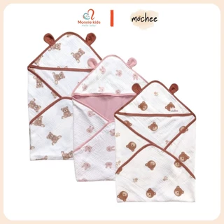 Ủ choàng xô tai gấu cho bé Mochee 70x70cm, chăn ủ xô muslin mềm mại - Monnie Kids