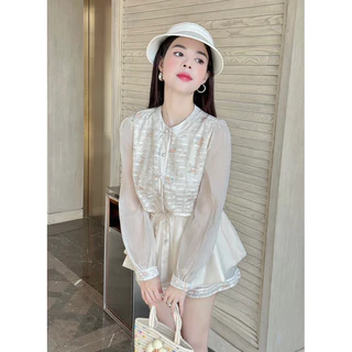 Set áo sơ mi trụ tay phồng peplum phối hoa thêu + short