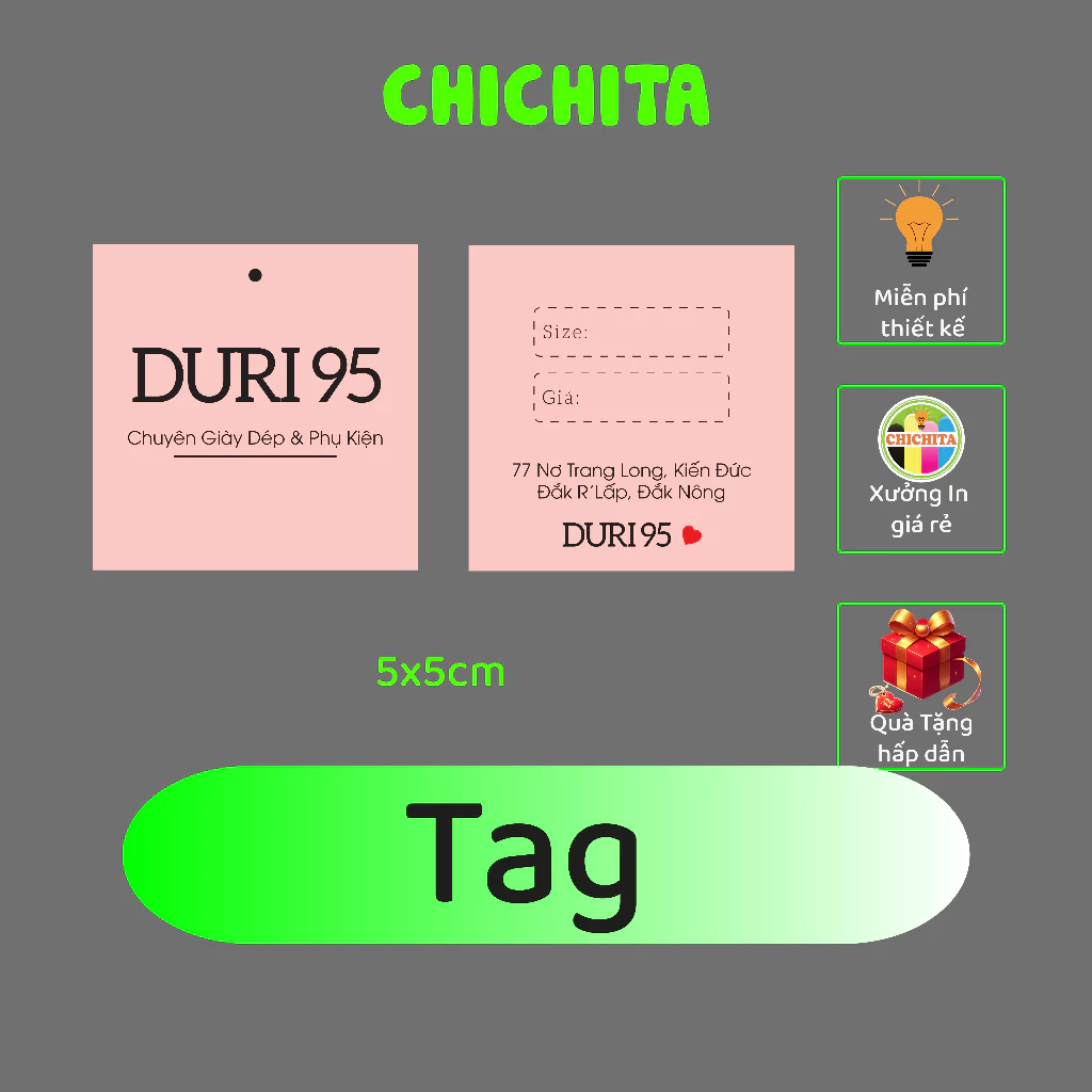 Mác tag giấy quần áo CHICHITA theo yêu cầu 36k/100 cái. IN TỐI THIỂU 300 CÁI