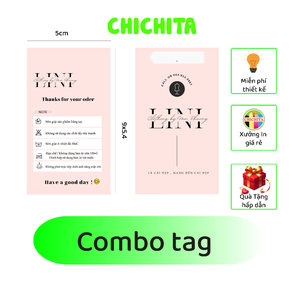 COMBO tag treo quần áo, Nhãn treo, Mác CHICHITA theo yêu cầu 9x5.4 cm ( COMBO KHÔNG KÈM DÂY)