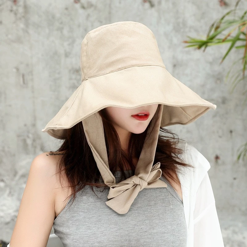 Mũ bucket nữ vành lớn nón tai bèo rộng vành che nắng có dây đai nơ chất VẢI cotton thoáng mát trơn