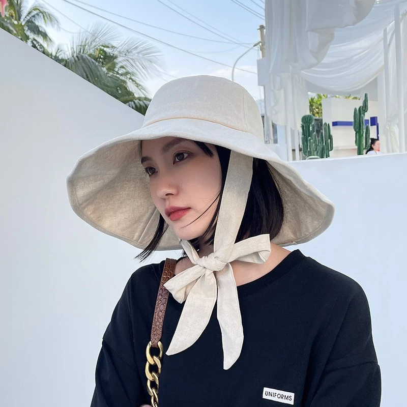 Nón bucket tai bèo nữ mũ rộng vành chống nắng Mũ đi biển vành lớn đi biển đi du lịch chất cotton linen dây đai nơ