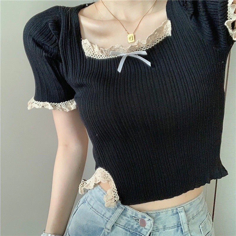 ÁO THUN CROPTOP ĐÍNH NƠ REN XINH YÊU TAY NGẮN REN@@