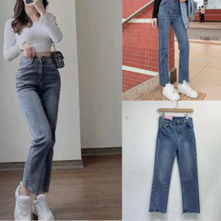 Quần bò  suông cắt  gấu, quần jeans  cạp cao co dãn kiểu dáng basic cực đẹp mã QS05