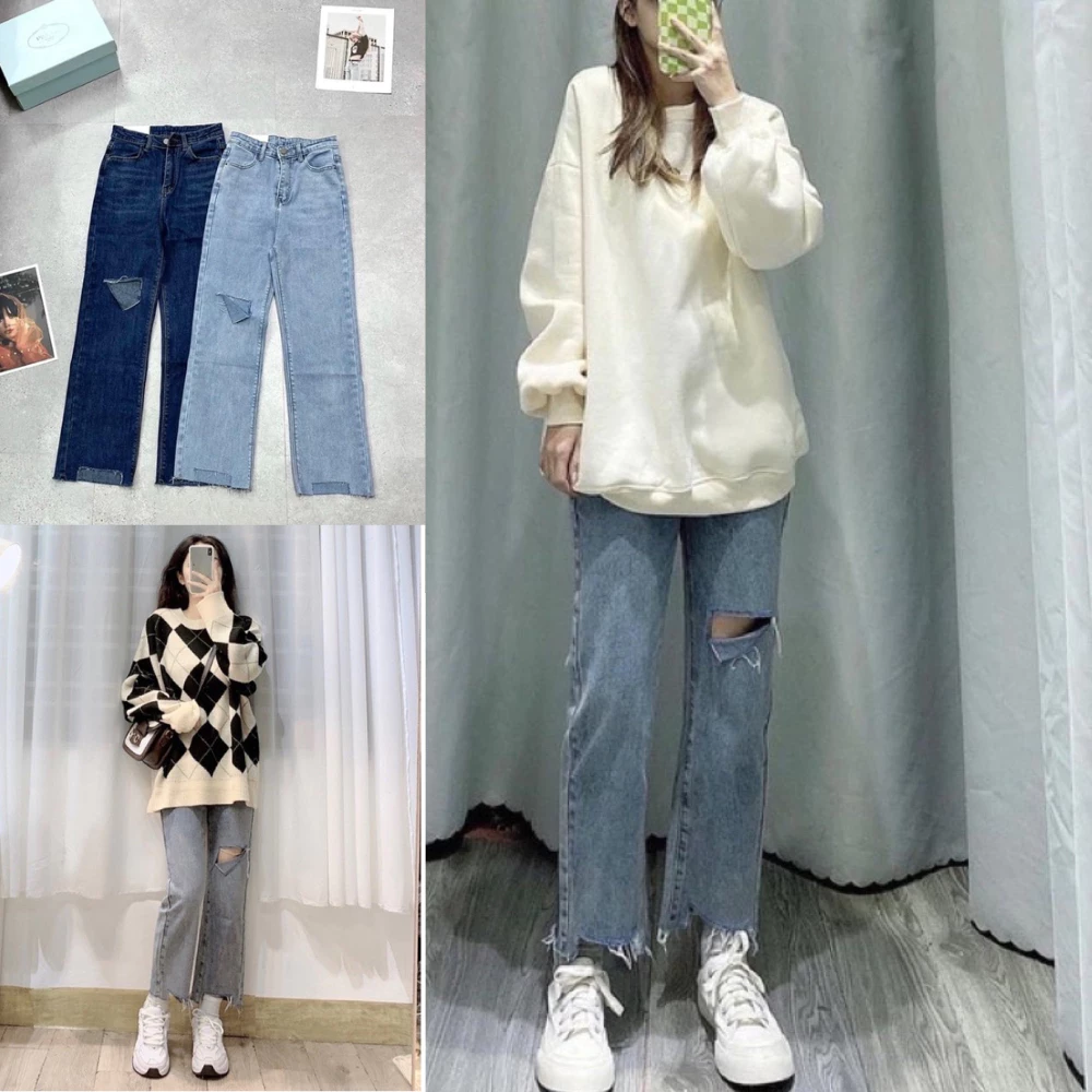 Quần bò ống đứng cạp cao hot hit, quân jeans  ống đứng rách đùi kiểu dáng hàn  quốc mã OD01