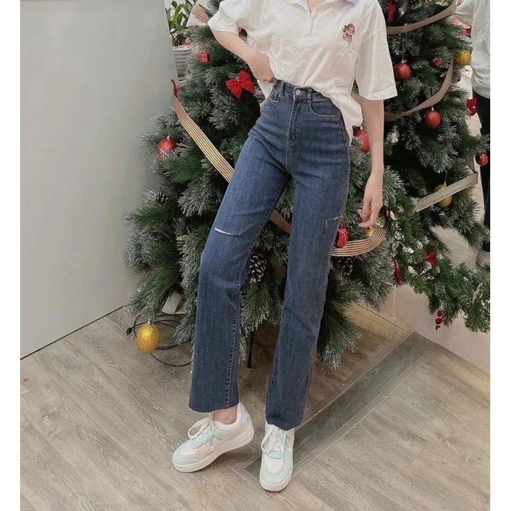 Quần bò jeans nữ ống đứng rách 2 đùi cạp cao kiểu dáng hàn quốc  mã OD10