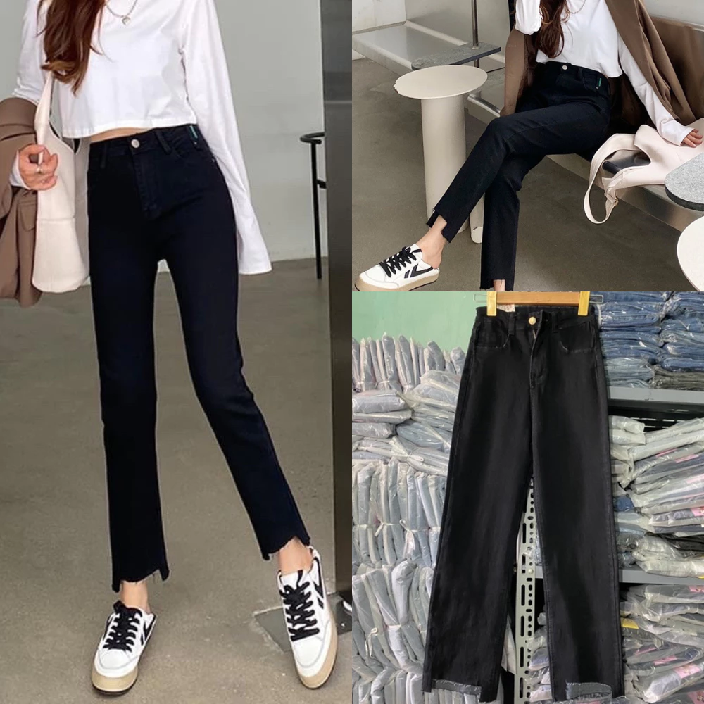 Quần bò jeans ống đứng cắt gấu màu đen chất  liệu co dãn, kiểu dáng hàn quốc mã OD17