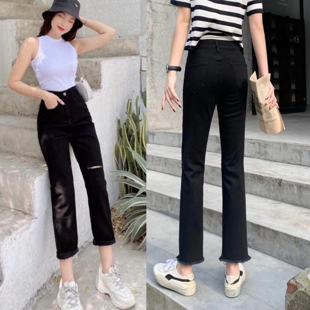 Quần jeans ống đứng, quần bò đen rách ngang đùi phong cách trẻ trung hot hit mã OD07