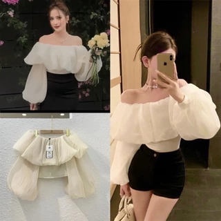 Áo trễ vai tay bồng dáng croptop chất voan tơ 2 lớp dễ thương, Áo croptop hở vai kiểu tiểu thư sang chảnh hàn quốc