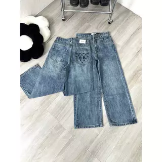 Quần jean ống rộng,quần bò nữ ống suông Aniee lưng cao túi thêu vải denim màu xanh  dài 90cm cho nấm lùn-SUONGTUITHEU