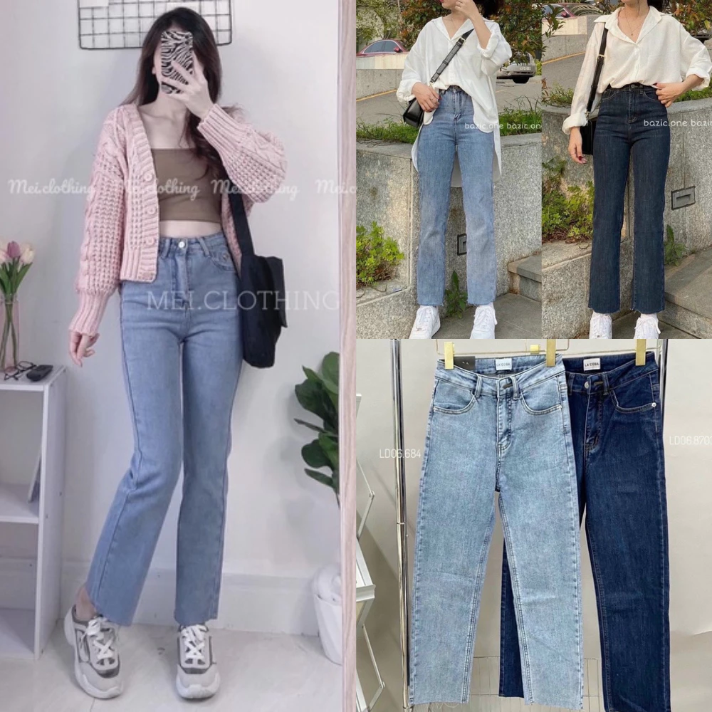 Quần jeans cạp cao ống đứng kiểu dáng mềm mại, jeans trơn mã OD13