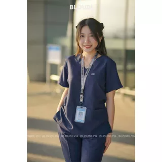 Bộ Scrubs Bác Sĩ Nữ Bloudi Plus Màu Xanh đen Tay Ngắn Cotton Cao Cấp